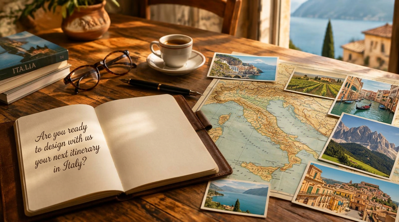A handwritten Italian itinerary beside a Lake Garda map on a travel designer's desk