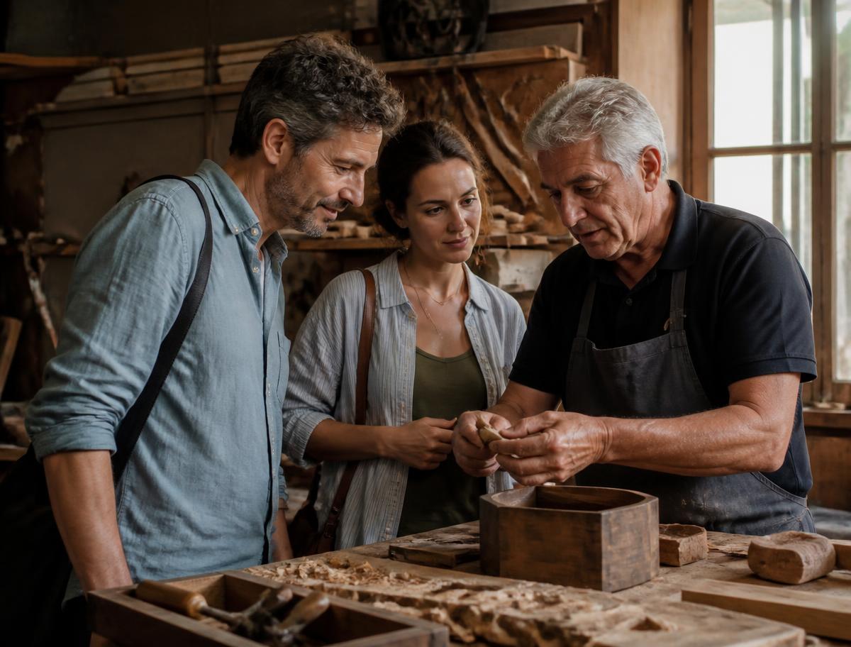 Guests discovering an authentic Italian artisan workshop